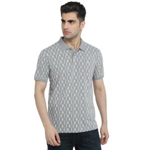 Men Slim Fit Print Pattern Cotton Polyester Blend Rib Collar Half Sleeve Casual T-Shirt Dark Grey